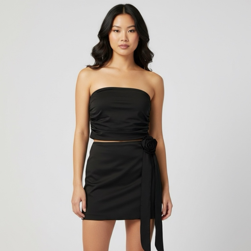 Elegant Black Two-Piece Dress with Floral Rose Detail